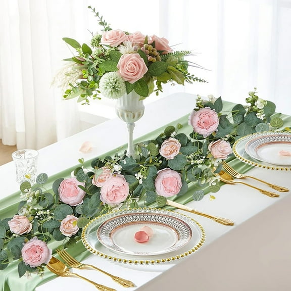 6FT Artificial Garland with Flowers 7 White Roses - Silk Floral Rattan for Wedding Party Centerpiece Table Runner Decor, 70.86 in