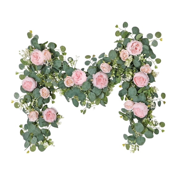 6FT Artificial Garland with Silk Flowers, 7 White Roses & Baby's Breath, Wedding Party Centerpiece, Table Runner Decor, 180cm Floral Vine