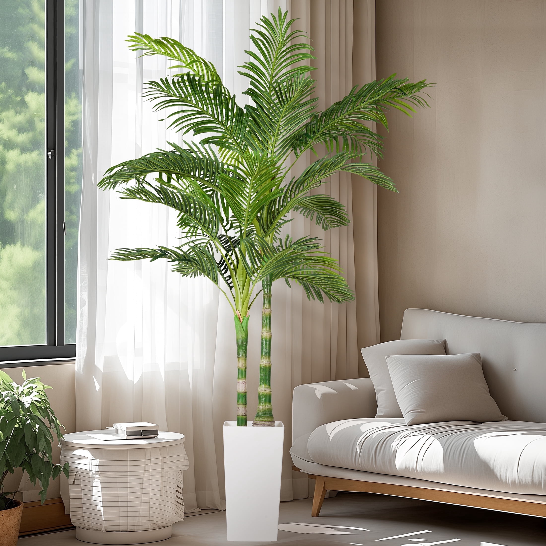Anyact 6FT Artificial Golden Cane Palm Tree, Faux Palm Tree with Withe Planter,2 Natural Trunk and 24 Leaves for Indoor Home Decor