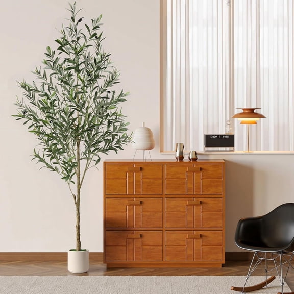 6FT Artificial Olive Trees, Faux Silk Plant with Lively Artificial Trunk and Lifelike Fruits, Indoor Fake Potted Tree with White Planter for Modern Home Office Living Room Decor