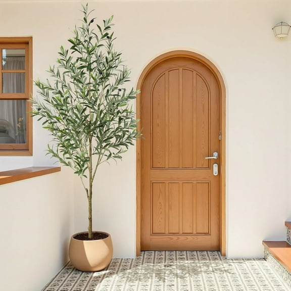 6FT Artificial Olive Trees, Faux Silk Plant with Lively Artificial Trunk and Lifelike Fruits, Indoor Fake Potted Tree with White Planter for Modern Home Office Living Room Decor