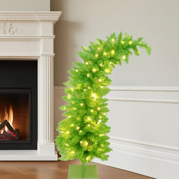 6FT Artificial Pencil Christmas Tree Prelit Curved Shape Whimsical Xmas Tree with Metal Base for Indoor Home Decor