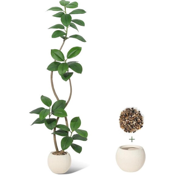 6FT Artificial Plant Rubber Tree with Off White Sphere Resin Planter & Stone Faux Fiddle Leaf Fig Tree Indoor Artificial Tree Tall Plant Fake Tree Tropical Large Floor Tree Real Touch for Home Decor