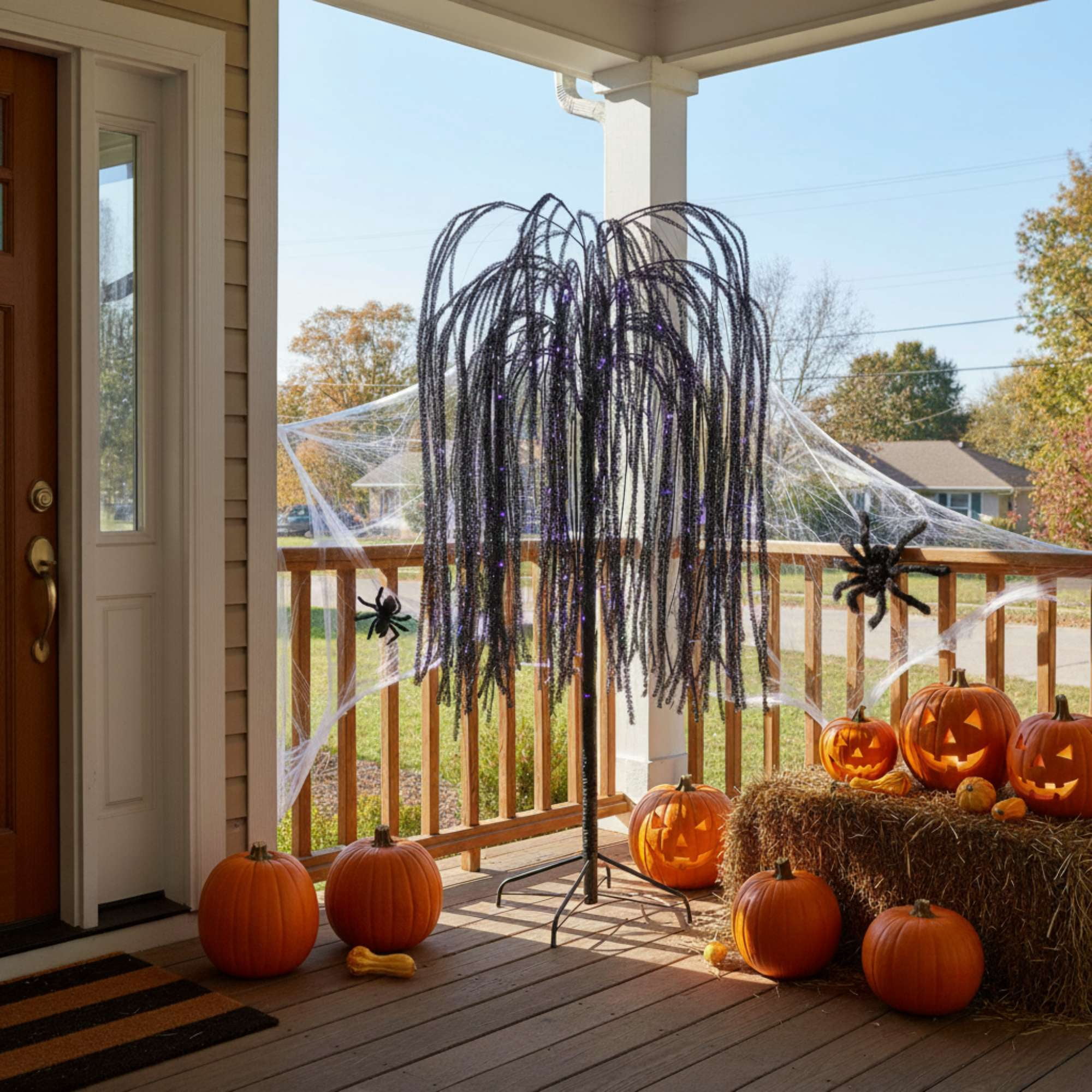 6 ft Black Willow Tree with Orange and Purple LED Lights for Outdoor Halloween Decor
