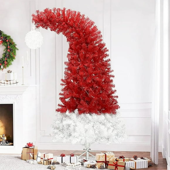 6FT Bendable Santa Hat Christmas Tree, Holiday Decoration, LED Light - 1250 Lush Branch Tips Red&White