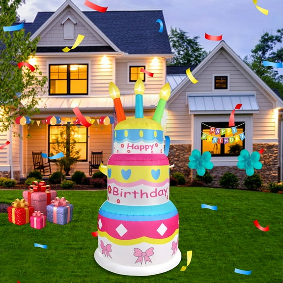 InfleasJoiy 6ft Inflatable Happy Birthday Cake with Candles, Built-in LED Lights, Inflatable Decoration for Indoor and Outdoor Yard Lawn