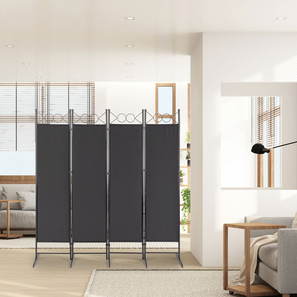6FT Black Room Divider Screen, 4-Panel Foldable Privacy Partition with Carbon Steel Frame & Plastic Feet for Home, Office, Dorm