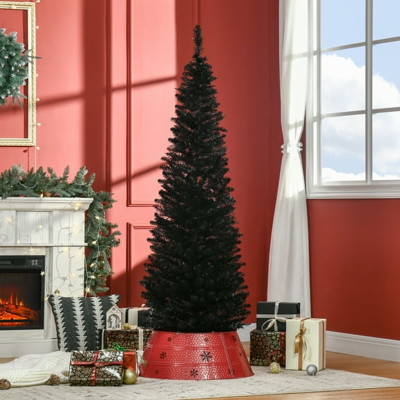 6FT Black Slim Pencil Artificial Christmas Tree, 390 Plastic Branch Tips, Detachable Sturdy Plastic Base, Easy Storage, Indoor Holiday Decor
