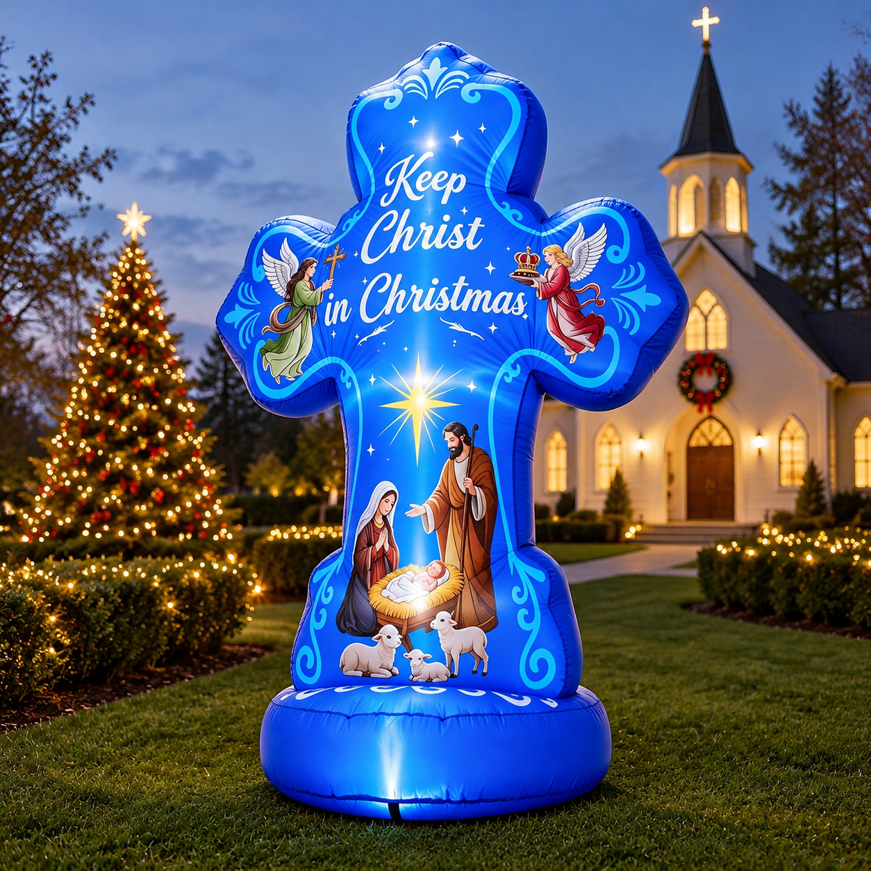 6FT Blue Cross Christmas Inflatable Yard Decoration with Built-In LED ...