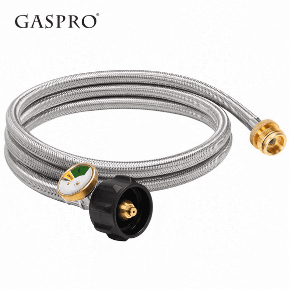 6FT Braided Propane Hose Adapter with Gauge, 1lb to 20lb Propane Adapter for Grill Camping Stove, 17/22 inch Griddle, Buddy Heater and More