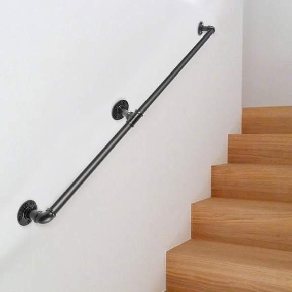 6FT Carbon Steel Pipe Stair Handrail, 440LBS Load Capacity, Wall Mounted Indoor/Outdoor Staircase Handrail with Round Corner, Industrial Metal Handrailing