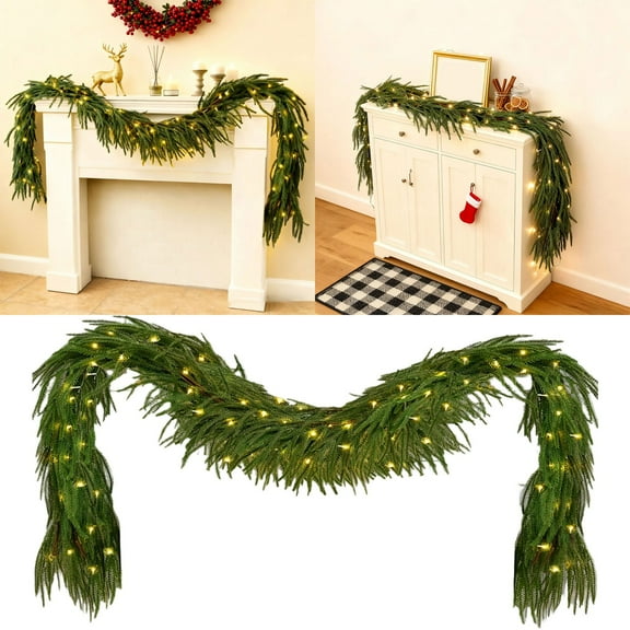 6FT Christmas Cedar Garland with Lights Realistic Artificial Pine Greenery Cedar Garland for Fireplace Mantle Table Wall Stair Indoor Outdoor Winter Holiday Decorations