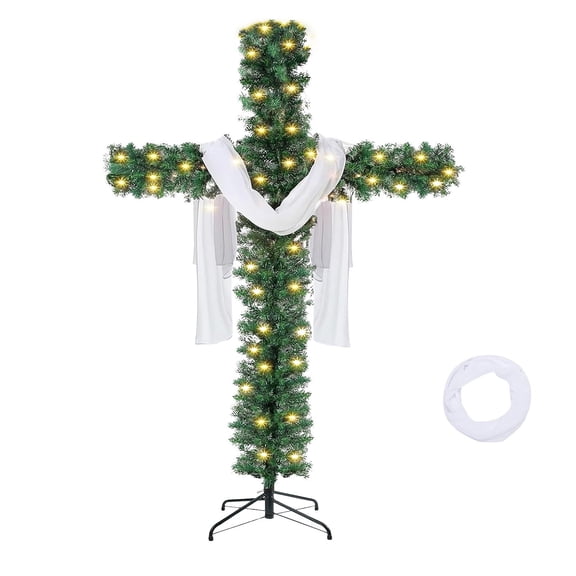 6FT Christmas Cross Tree with Lights Strings Wood Vine Ring & White Silk Scarf, Artificial Greenery Christmas Tree Ornament, Perfect Christmas Decoration Indoor & Outdoor