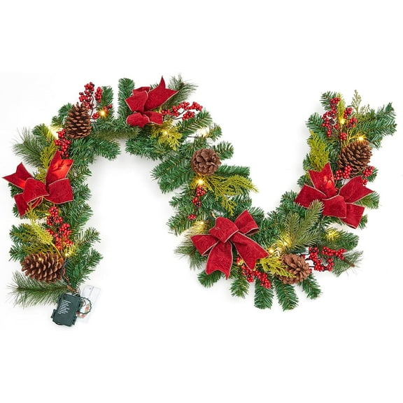 6FT Christmas Garland with 20 Led Lights,8-Mode Battery Operated Garland,Pine Cones, Red Berries & Bows, Xmas Decoration for Indoor Outdoor Mantle Stairs Fireplace
