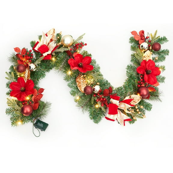 6FT Christmas Garland with Magnolia Flowers, Bows & Ornaments for Mantel, Staircase, Indoor Outdoor Holiday Decor