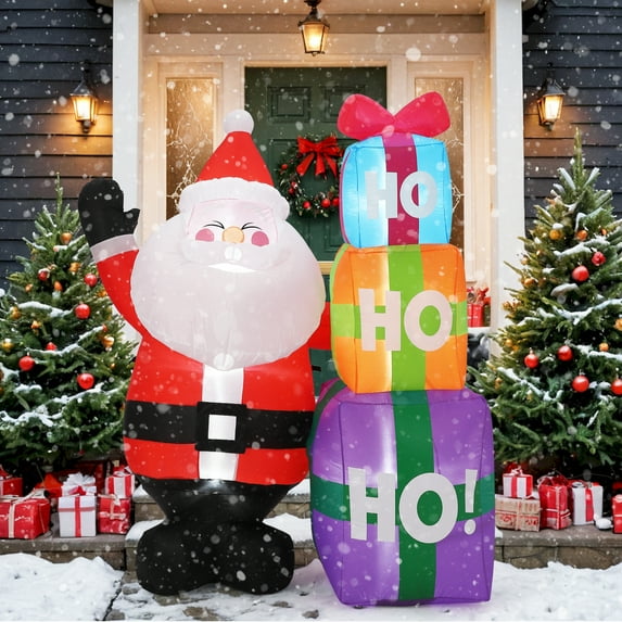 6FT Christmas Inflatable Outdoor Decorations, Cute Santa with Gift Box, Blow Up Xmas Yard Decoration for Holiday Home Party Garden Lawn Decor, Indoor Outdoor Use