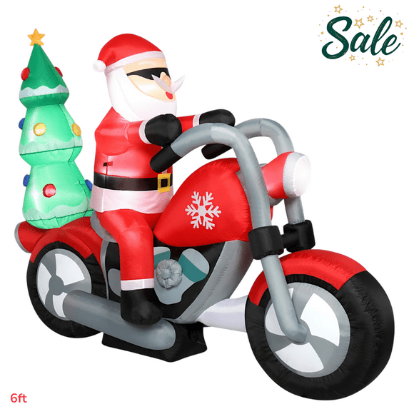 6FT Christmas Inflatables, Santa Claus Ride Motorcycle Blow up Giant Yard Decoration w/ Built-in LED Lights, Outdoor Holiday Party Lawn Winter Decor