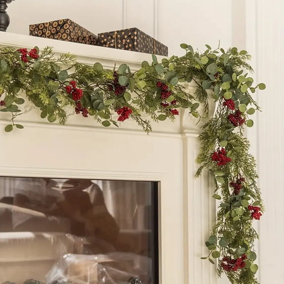 6FT Christmas Red Berry Rattan Silk Flower Faux Vines Decorative Ambiance Home Layout Festive Simulation Garland for Dining Table Fireplace Door Hallway Holiday Decor