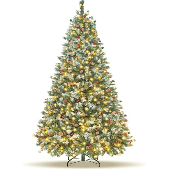6FT Christmas Tree, Pre-lit Artificial Christmas Tree with Red Berries & Pinecones, 250 Warm White Lights, 780 Branch Tips, Metal Hinges Foldable Base, Xmas Tree for Indoor Outdoor Holiday