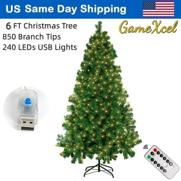 6FT Christmas Tree with LED USB String Lights Artificial Christmas Trees - 850 Branch Tips For Christmas Holiday Indoor Decorations