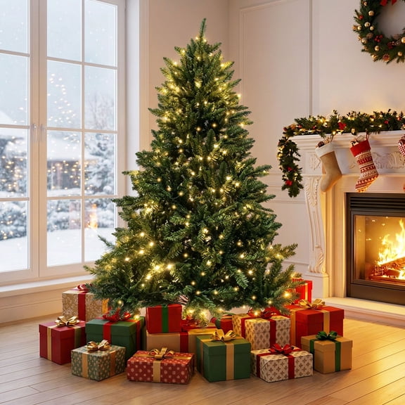 Loende 6ft Christmas Tree, Prelit Artificial Christmas Tree with 330 LED Warm White,987 PVC Branch Tips Easy Assembly, Metal Base