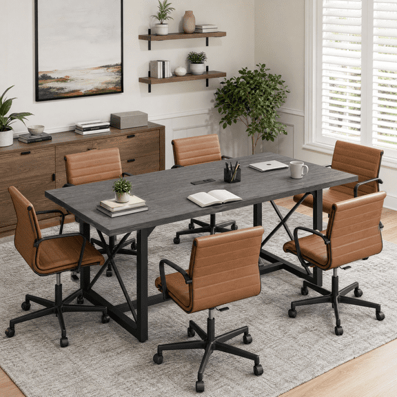 6FT Conference Table with Power Outlets, Rectangular Wooden Training Table for 6-8 People,Gray