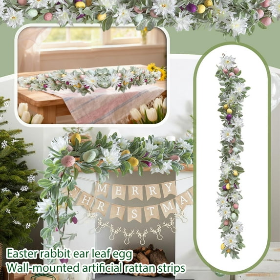 6FT Easter Eggs Garlands for Mantle, Artificial Colorful Spring Easter Garland with Flowers & Eggs for Door Window Wall Holiday Party Easter Decor