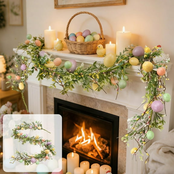 6FT Easter Garland for Mantle Spring Pastel Speckled Eggs Garland with Wildflowers, Artificial Rustic Hanging Vine for Fireplace Arch Table Tree Home Party Window Wall Wedding