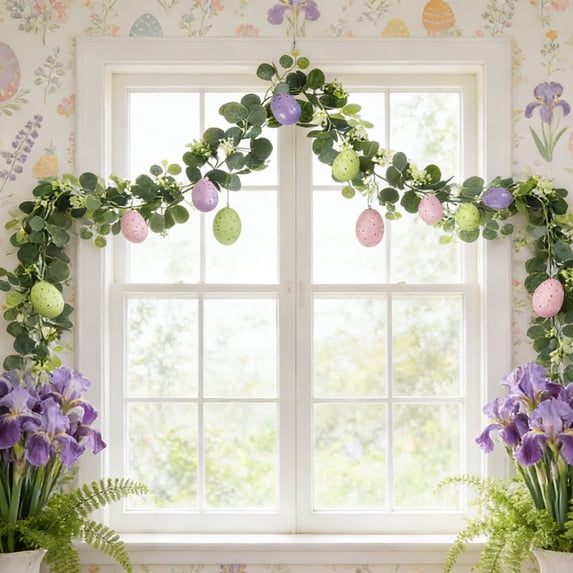 6FT Easter Garland Spring Vine with Easter Eggs Flowers for Mantle Door Wall Home Table Centerpiece Easter Decor