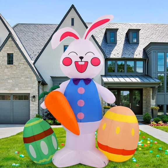 6FT Easter Inflatables Outdoor Decoration Inflatable Bunny with Carrot and Eggs, Built in LED Lights Blow Up Yard Decoration for Lawn Garden Holiday Party