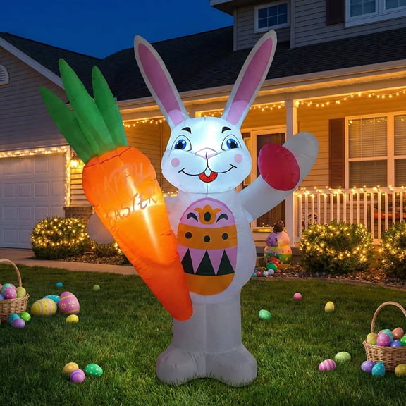 6FT Easter Inflatables Outdoor Decoration Inflatable White Bunny with Carrot, Easter Blow Up Yard Decoration for Lawn Garden Holiday Party