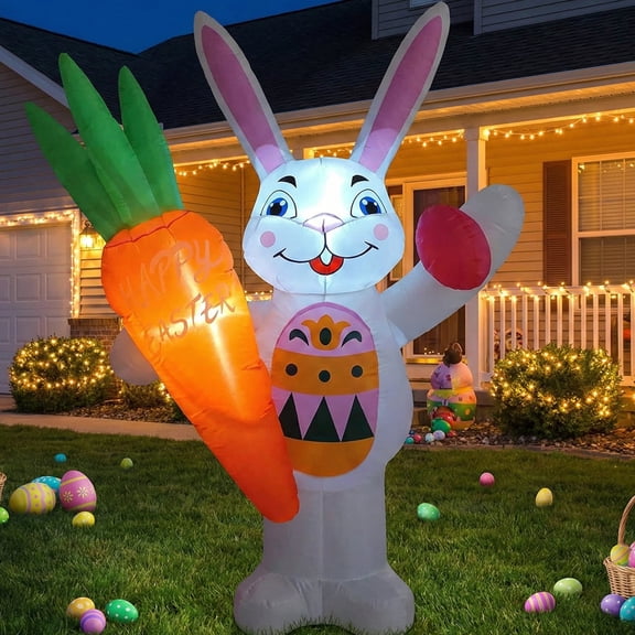 6FT Easter Inflatables Outdoor Decoration Inflatable White Bunny with Carrot, Easter Blow up Yard Decoration for Lawn Garden Holiday Party