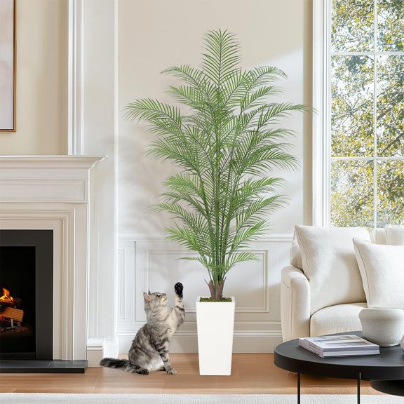 6FT Fake Areca Palm Tree with 44 Lifelike Leaves & Realistic Trunks – Faux Tropical Palm Plant with Tall White Pot for Indoor & Outdoor Home Office Décor