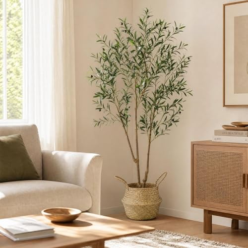 6FT Fake Olive Tree with Boho Woven Basket, 72" Tall Artificial Plant, Realistic Leaves