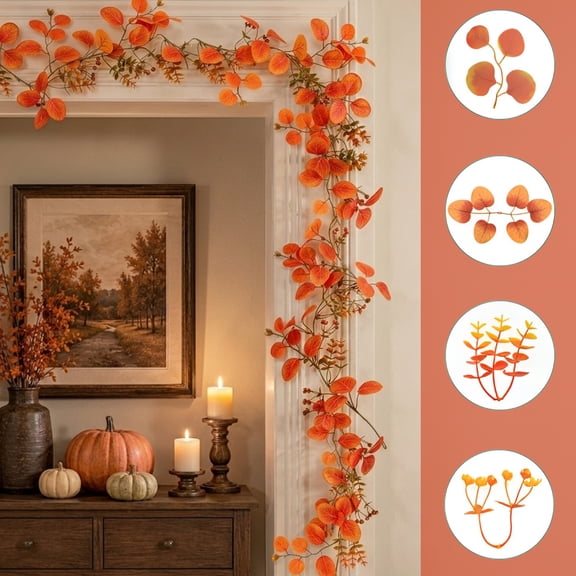 6FT Fall Artificial Eucalyptus Garland, Orange Red Textured Round Leaves