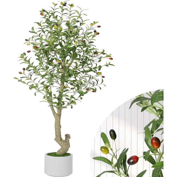 6FT Faux Olive Tree Tall,Olive Trees Artificia Indoor with White Planter and Green Moss, Fake UV Resistant Artificial Tree,for Home Office Living Room Bedroom Stairs Foyer Decor,