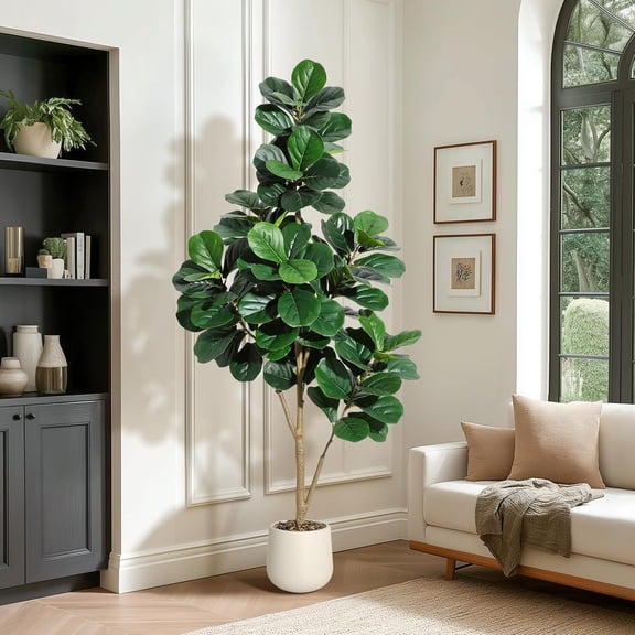 6FT Fiddle Leaf Fig Tree Artificial with 108 Leaves - Realistic Faux Ficus Lyrata Trees in 9" White Planter Pot, Housewarming Gift