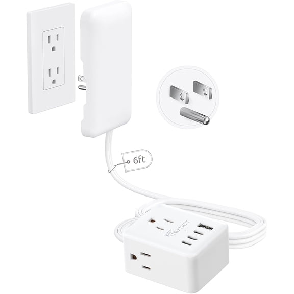 6FT Flat Extension Cord with Outlet Cover, Flat Plug Power Strip with 3 Outlets & 3 USB-C & 1 USB-A Port, Wall Mountable, Small Outlet Extender Hidden Behind Couch, Nightstand, Bed, White