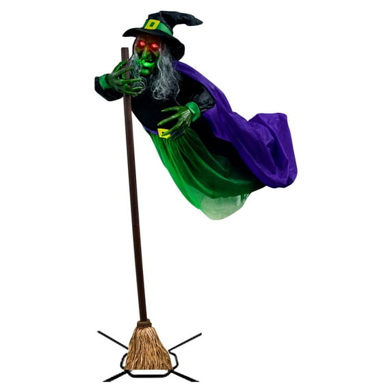 6FT Floating Witch Halloween Decor,Animated Hovering Witch Animatronics,Witch Decoration with Voice Activated Sensor,Halloween Flying Witch Decorations Outdoor Green Face
