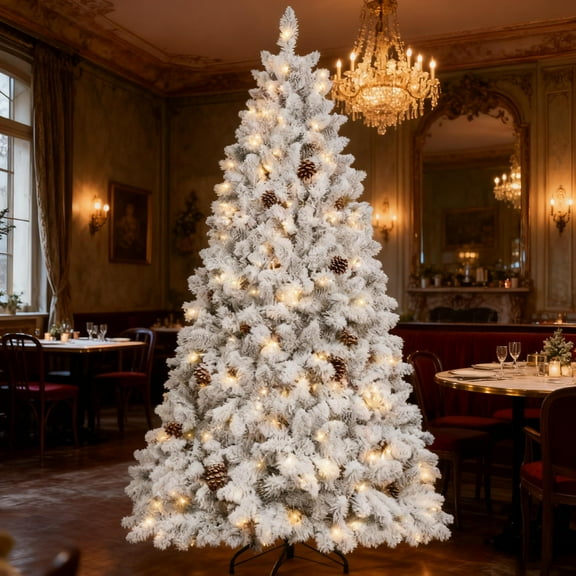 6FT Flocked Artificial Christmas Tree with 35 Natural Pine Cones – Snowy 888 PVC Tips, 350 UL Lights, Hinged Structure, Stable Metal Stand. Perfect for Living Rooms, Bedrooms, and Offices.