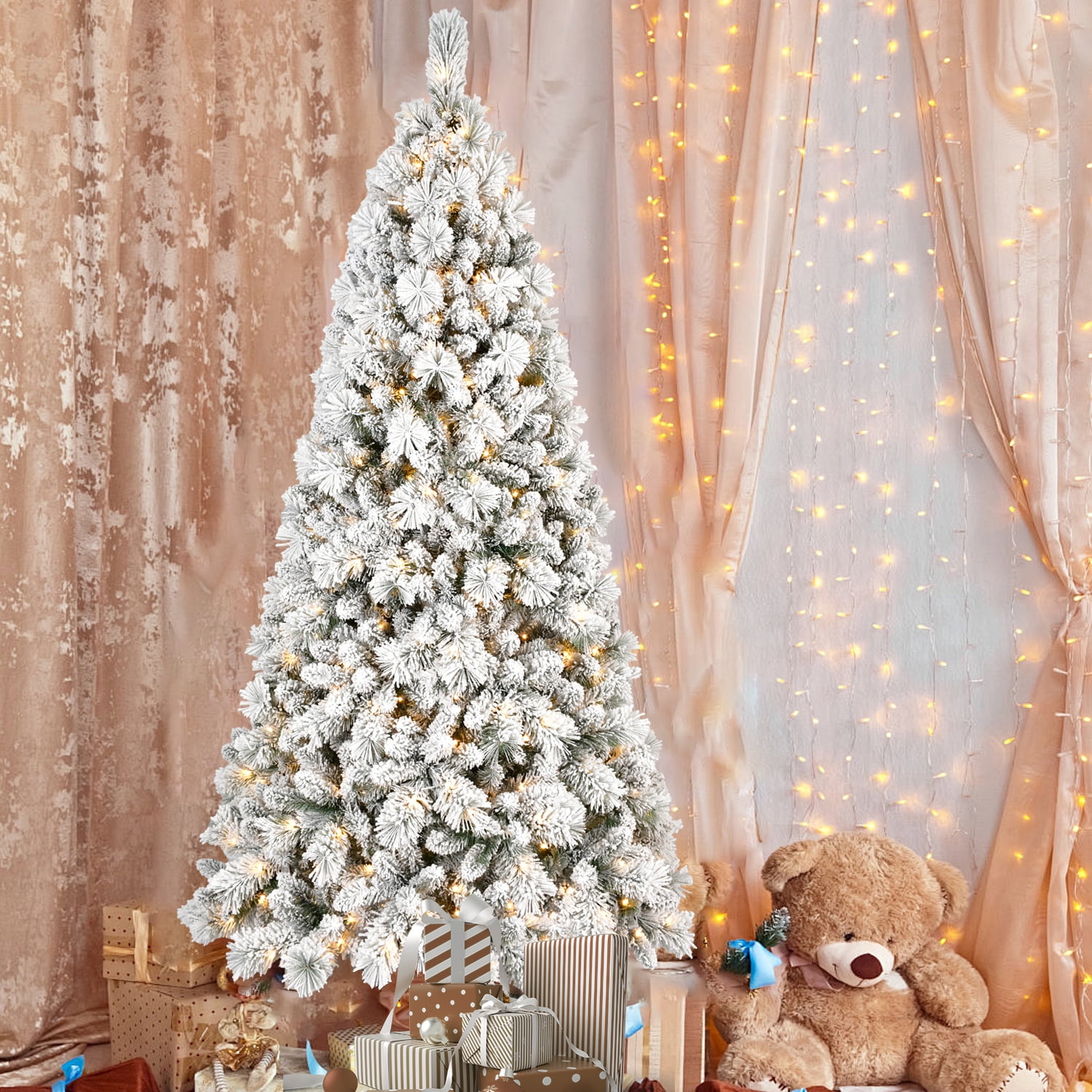 6FT Flocked Christmas Tree with 350 Warm White LED Lights – 752 Tips, Snowy PVC & Hard Needle Branches, Hinged Design for Easy Setup, Sturdy Metal Stand – Full & Realistic Holiday Tree