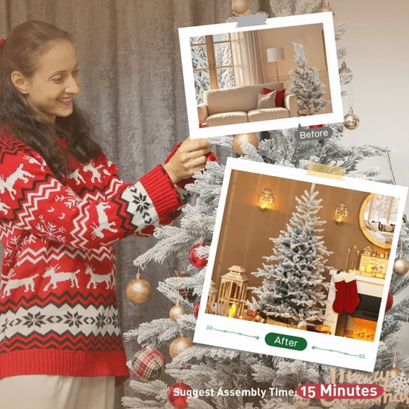 6FT Flocked Full Spruce Christmas Tree - 1207 Tips Auto-Open Hinged Branches Flame-Retardant Holiday Centerpiece