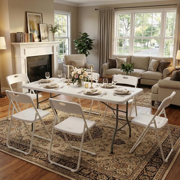 6FT Foldable Table Set with 6 Pack Plastic Folding Chairs, Heavy Duty 350 lbs Bundle for Parties