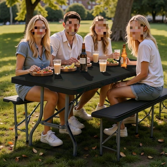 6FT Folding Set with 2 Folding Benches, Heavy Duty HDPE Materials, Locking Safety Design, 3-Piece Portable Folding Furniture for Camping, Picnic, Party, Indoor & Outdoor, Black$$Garden & Patio