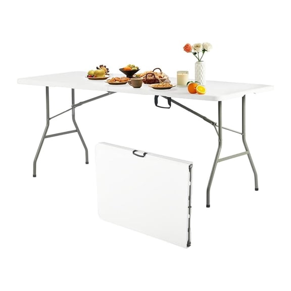 6FT Folding Table, 72-Inch Plastic Portable Utility Table with Carry Handle, Rectangular Fold-in-Half Table with Metal Legs for Indoor & Outdoor, No Assembly Required, White