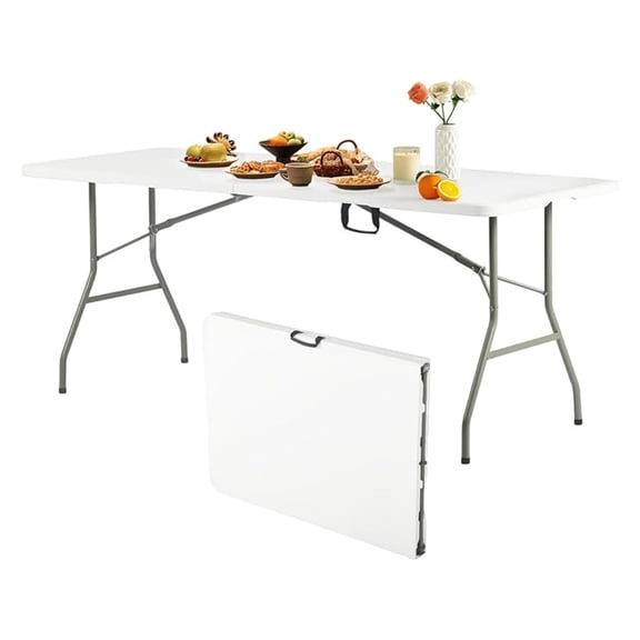 6FT Folding Table, 72-Inch Plastic Portable Utility Table with Carry Handle, Rectangular Fold-in-Half Table with Metal Legs for Indoor & Outdoor, No Assembly Required, White