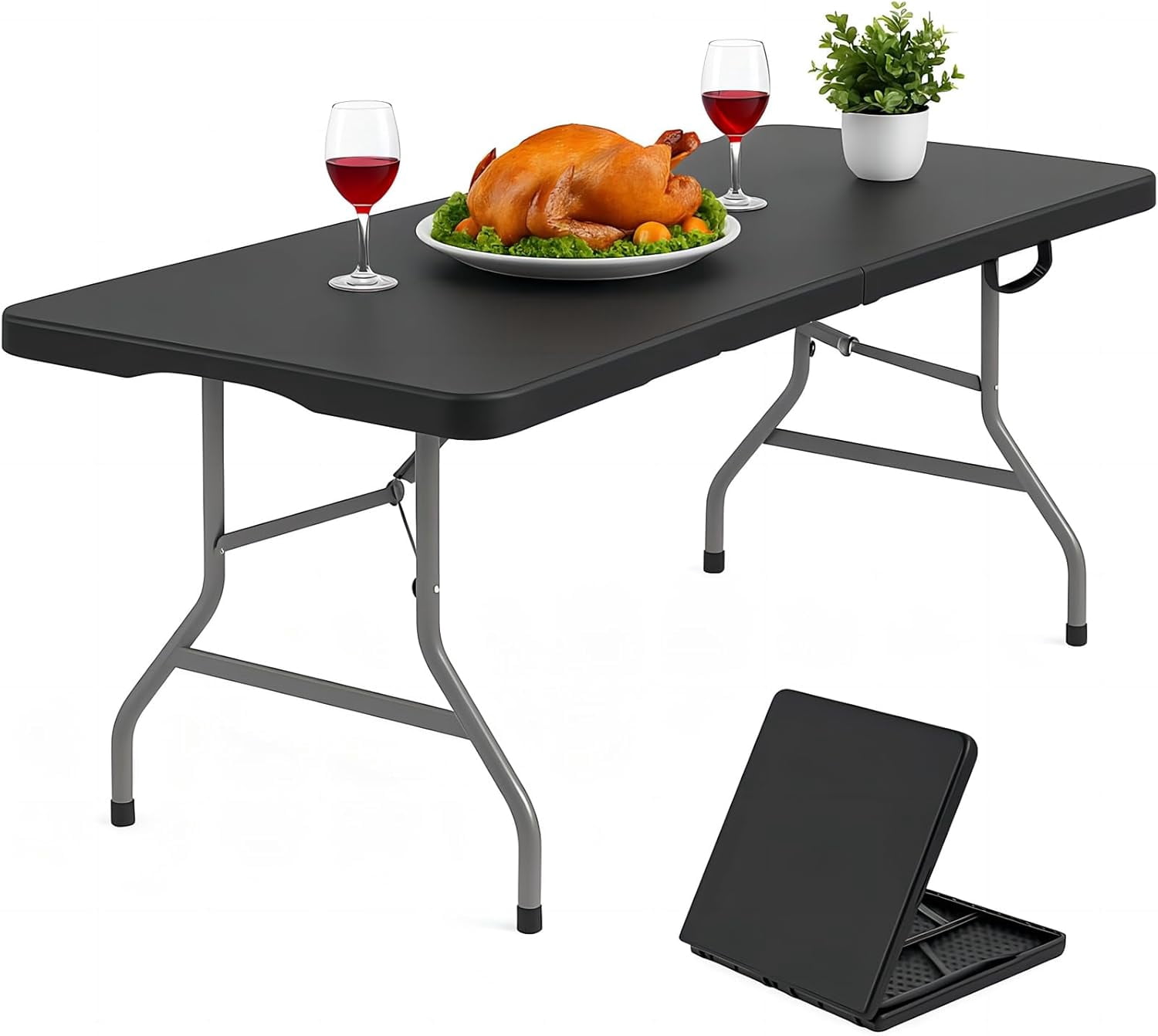 6FT Folding Table Black with Carry Handle – Heavy Duty Plastic Fold-in ...