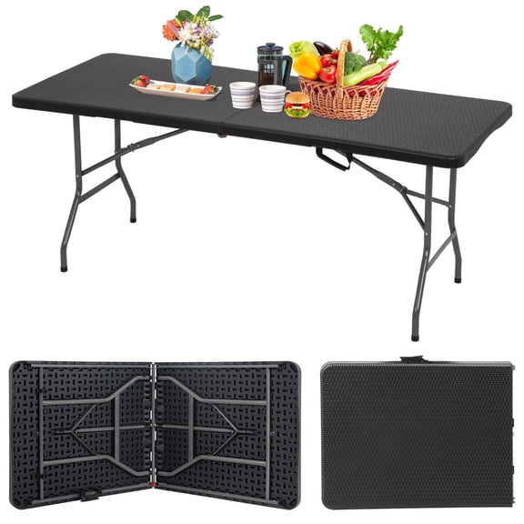 6FT Folding Table | Black | Portable Plastic Table with Carry Handle | Waterproof & Foldable Table Design | Steel Frame with Lock | for Events, Camping, Indoor & Outdoor Use