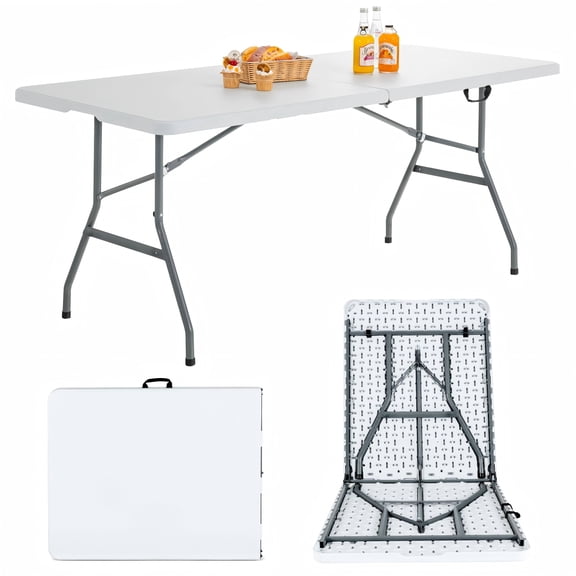 6FT Folding Table, Heavy Duty Plastic Fold-in-Half Portable Table with Carrying Handle | Steel Frame & Lock, Indoor Outdoor Utility Table for Camping, Picnic, Party, Dining, Wedding