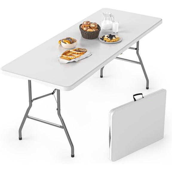 6FT Folding Table, Plastic Foldable Table for Indoor Outdoor, Heavy Duty Portable Dinning Tables with Carrying Handle, Utility Tables for Party, Camping, Banquet, Wedding, Events, Picnic, White